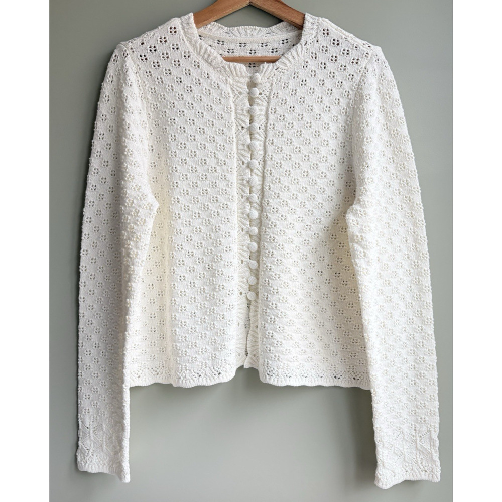Cream Floral Eyelet Knit Cardigan Sweater Cottagecore Dainty Shabby Chic Neutral